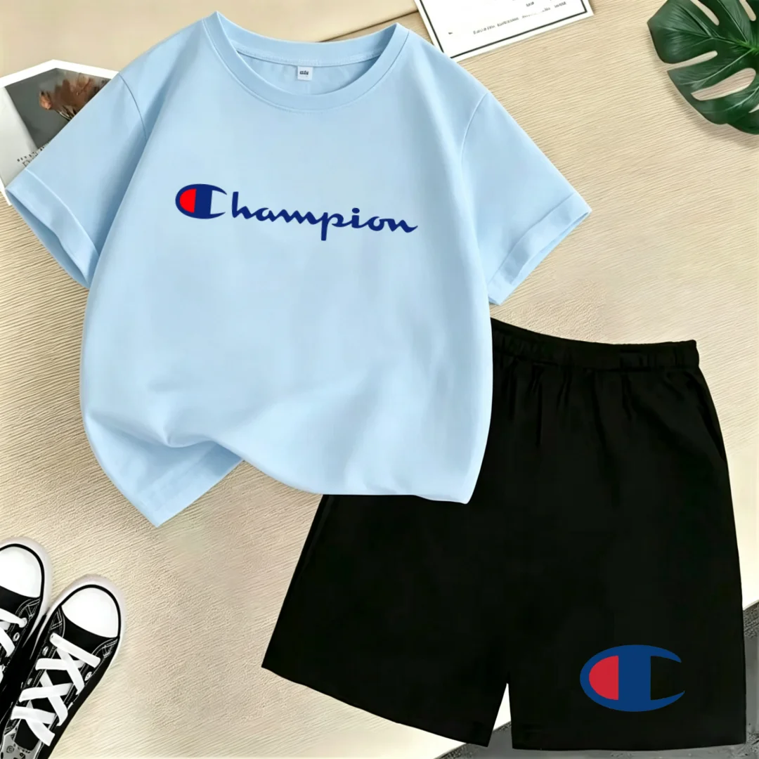 

Kids Summer T-shirt Brand Letters Clothing Round Neck Short-sleeved Top+Shorts Boy Girl Coat 3-12Years Fashion Casual Sports Set