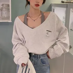 Female Clothing Fake Two Pieces Sweatshirts Korean Long Sleeve Spring Autumn V-Neck Loose Letter Stylish Patch Designs Pullovers