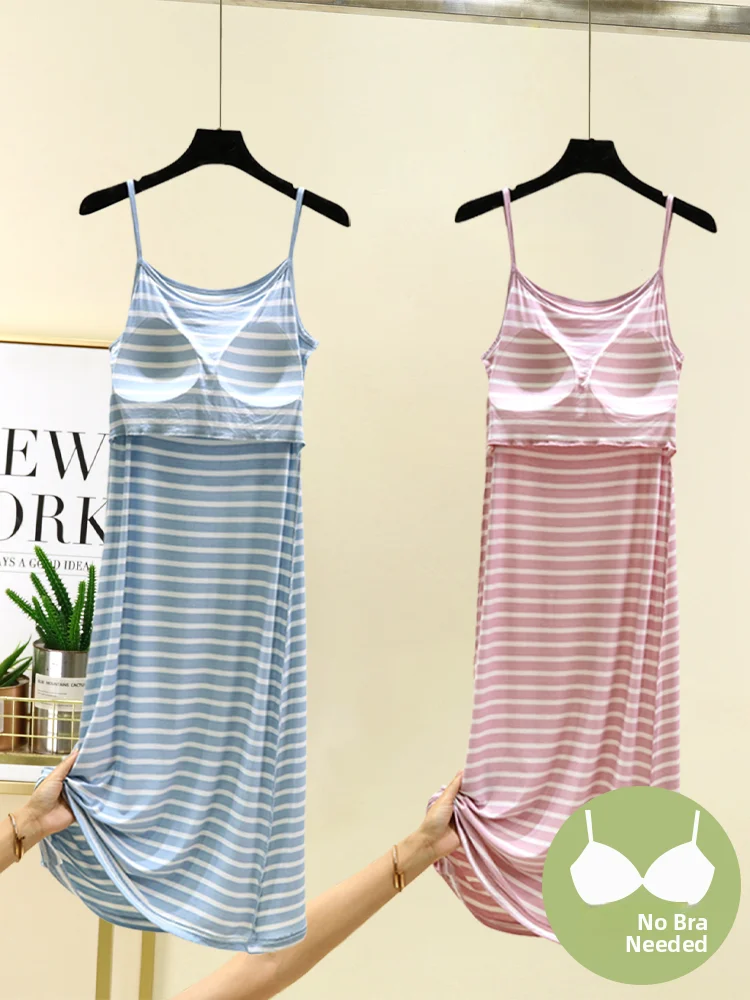 Vestido midi t de seda gelada modal, almofada no peito, aodão, camada de base única, vestido deslizante, marca July ...