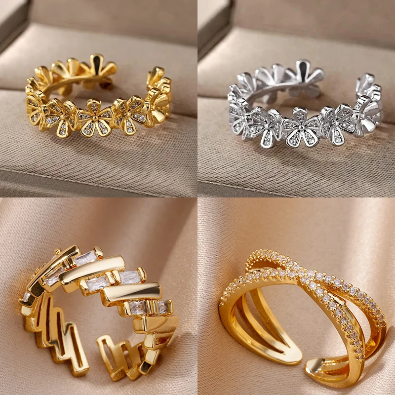 Ladies Flower Open Rings For Women Stainless Steel Cubic Zircon Flower Open Adjustable Ring Jewelry Students Girl Gift