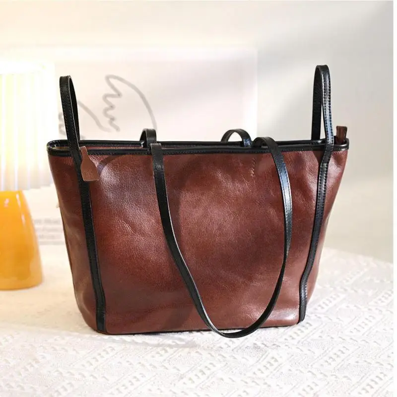 

casual First layer cowhide women's large capacity tote bag weekend shopping shoulder bag simple vintage genuine leather handbag
