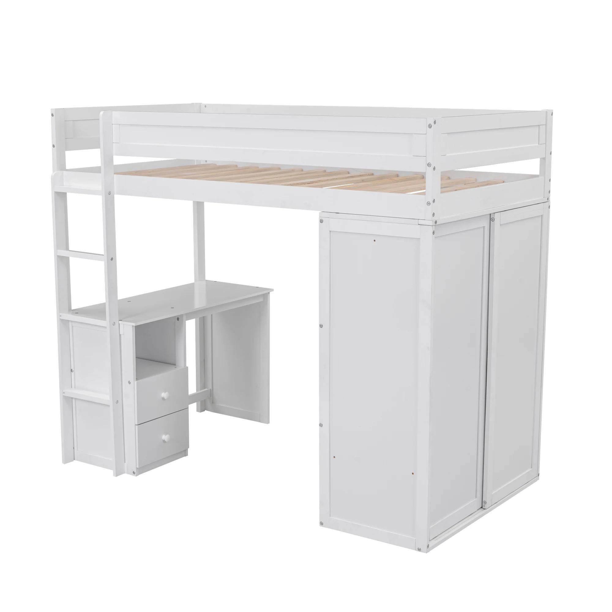 Houten Twin Size Loft Bed Met Kasten En 2-Lades Bureau Met Kast, Wit