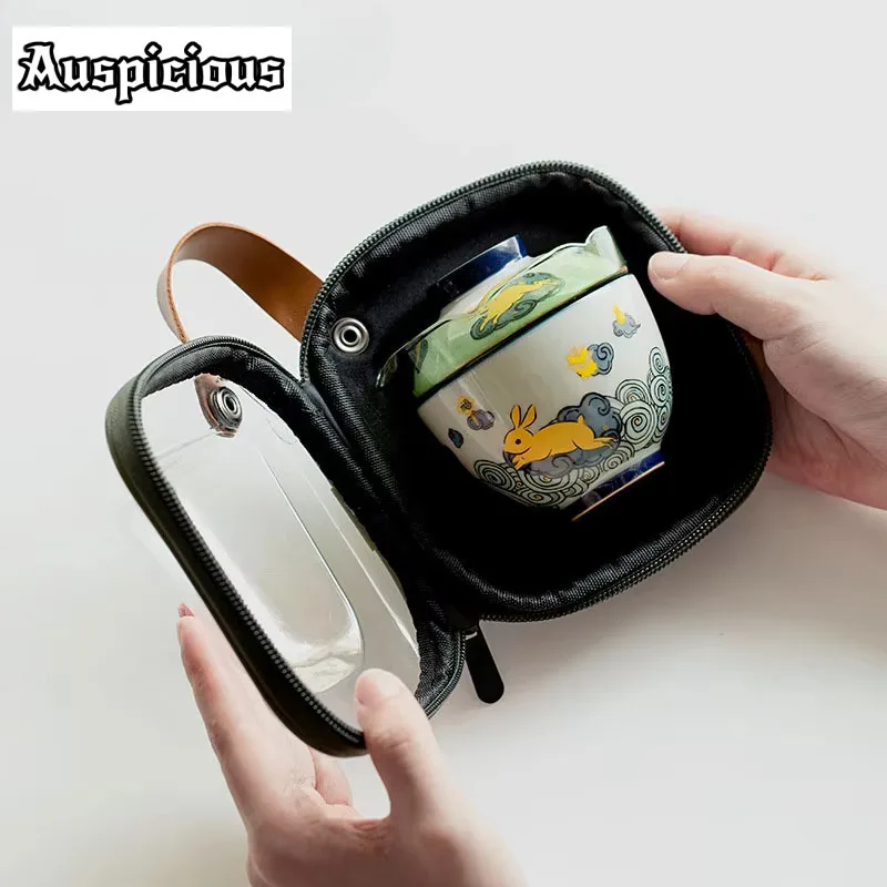 Boutique Golden Rabbit Good News Ceramic Travel Tea Set Portable Outdoor Glass Express Cup Bag Mid Autumn Festival New Year Gift
