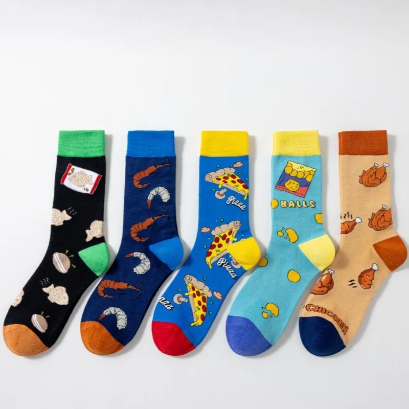 1pair Men Breathable Street Fashion Personality Cake chicken bread pizza shrimp print Business Casual Hip Hop food Socks