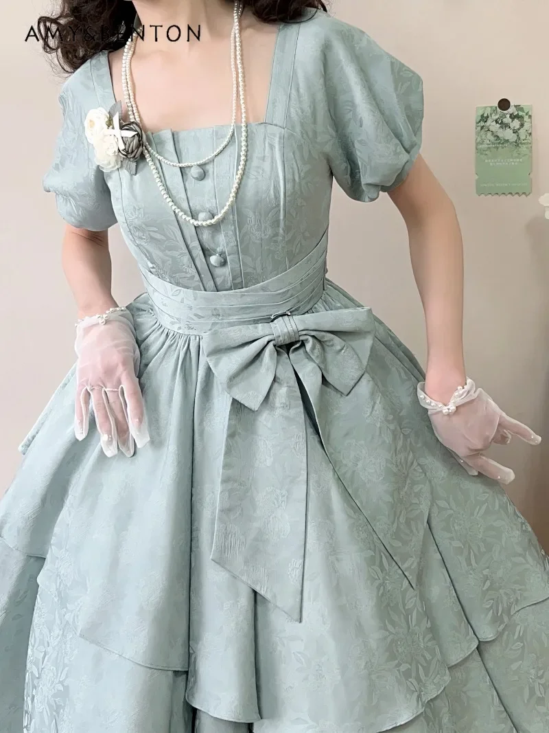 Elegant Temperament Heavy Industry Jacquard Lolita Dress Summer New Sweet Cute Bow Strap Bubble Sleeve Princess Tutu Dresses