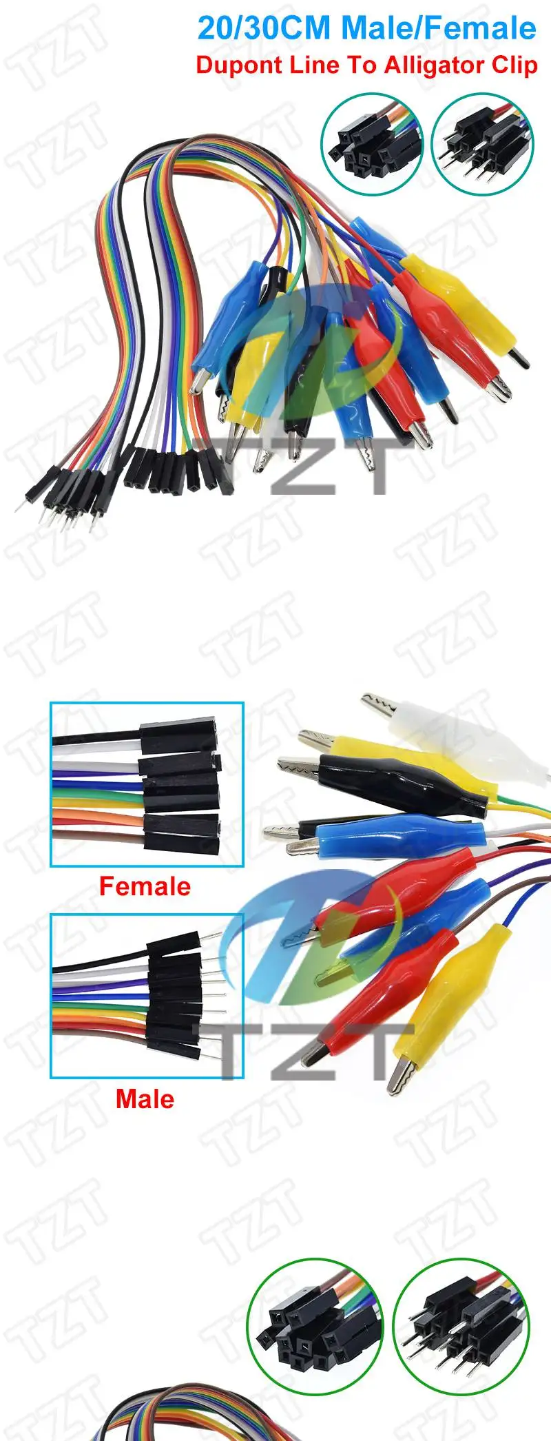 TZT 20cm 30cm 10-Pin Doppelend-Krokodilklemmen Jumperkabel Stecker-Buchse Krokodilklemme Testleitung Verbindungskabel – Detail 2