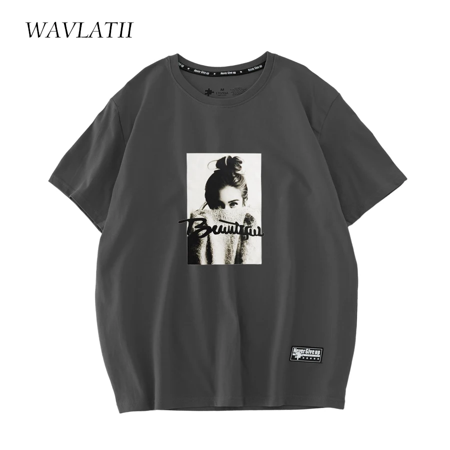 Wavlatii-レディースピンクホワイト半袖Tシャツ,カジュアルでトレンディなサマートップ,100% コットン,グリーン,wt2218