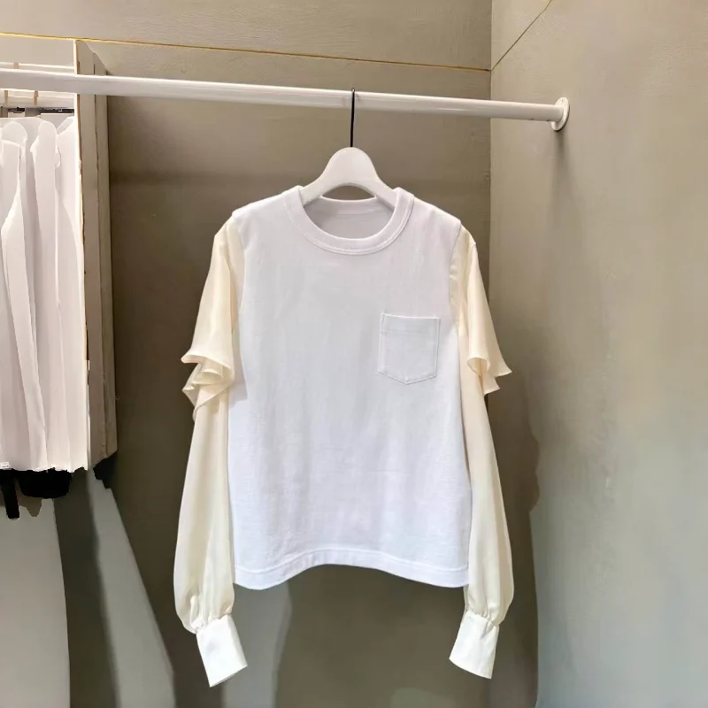SAC Japanese 26spring splicing casual loose round neck long-sleeved T-shirt