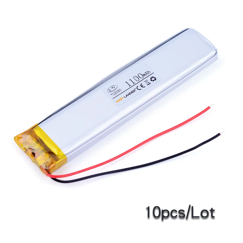 

10Pcs/Lot 3.7V 1100mAh 702080 Rechargeable li Polymer Li-ion Battery For tachograph vibration motor Toys air purifie 072080