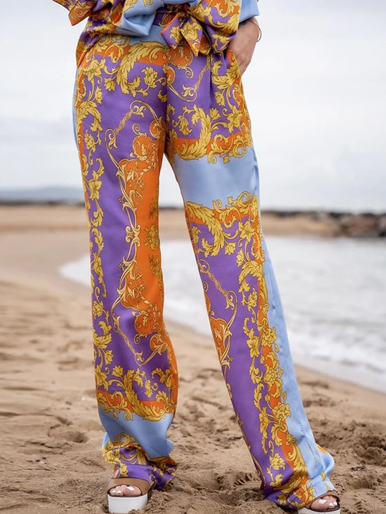 Vintage Beach etniczny nadruk Pant zestawy nadruk w stylu Boho pasujące zestawy damskie Casual z długim rękawem Top elastyczny pas spodni