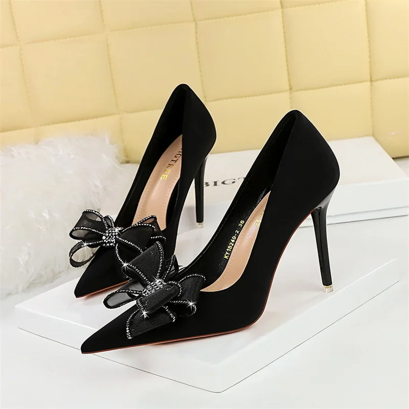 2024 New Satin High Heels Lace Flower Rhinestone Bow Tie Elegant Women Pumps Spring Shallow Mouth Pointed Toe Stilettos