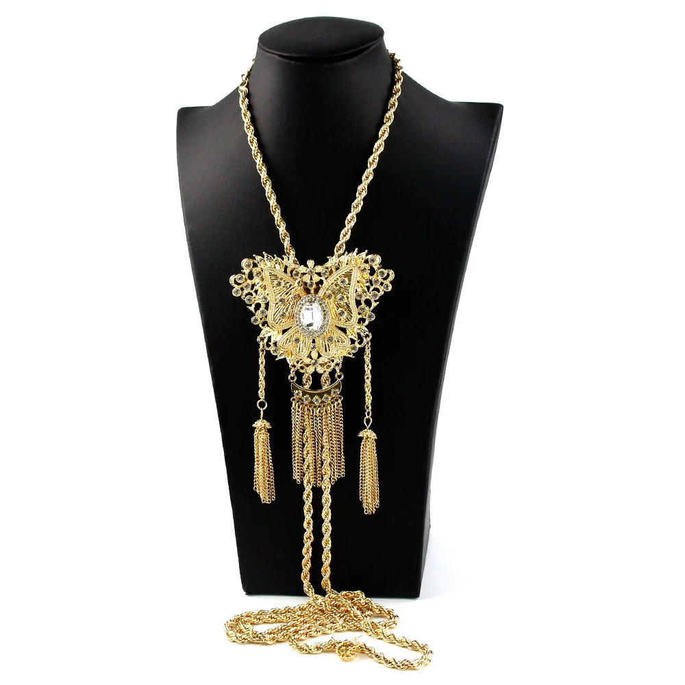 Sunspicems Chic Algeria Necklace Women Butterfly Kravash Tassel Crystal Sweater Chain Gold Color Bride Wedding Jewelry Gift