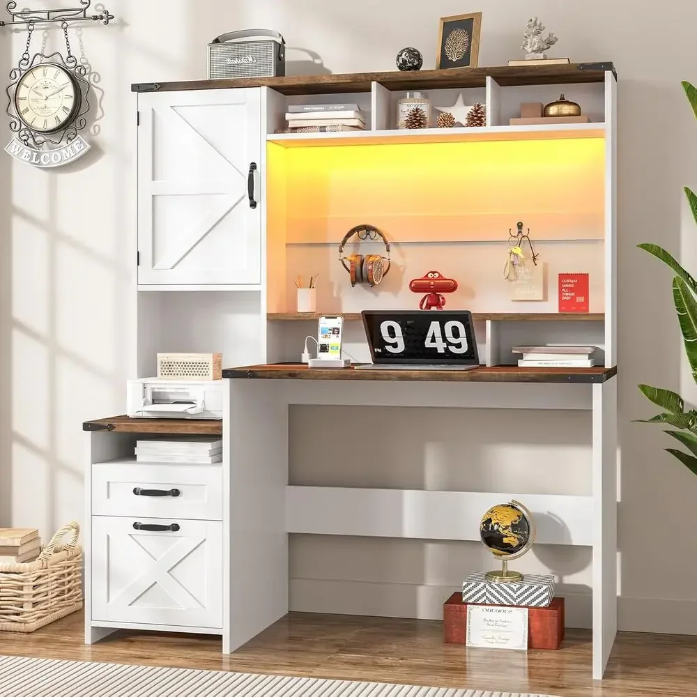 51-inch Modern Office Desk with Charging, LED Light, File Drawer, Storage, Monitor Stand, White Wood Computer Desk with Hutch