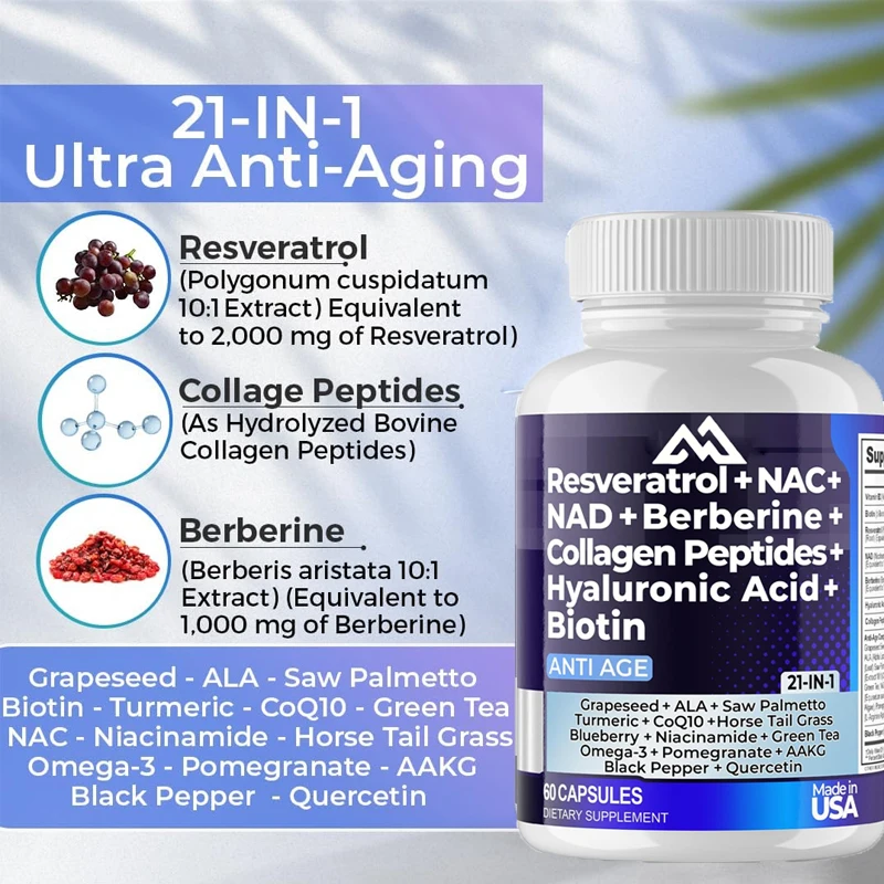 Resveratrol NAD Aspartate Hyaluronic Acid Grape and Blueberry Collagen Peptides Hair, Nail, Skin, and Joint Supplements Capsules