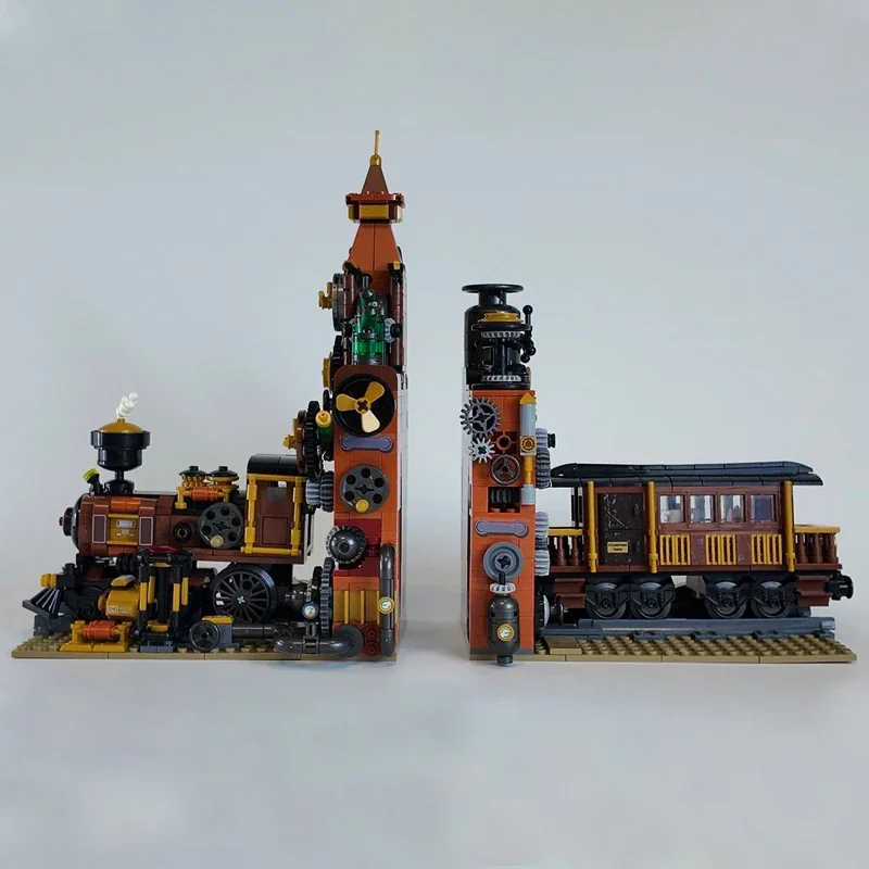 Street View Steampunk Train Building Blocks City Urban Trains Bookends Model Bricks Toys For Children Xmas Gift With LED MOC