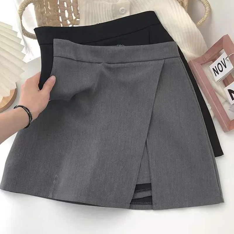 Black Gray Women Skirts A-Line Korean Style High Waist Split Mini Skirt Woman Simple Casual Office Shorts Skirts Female