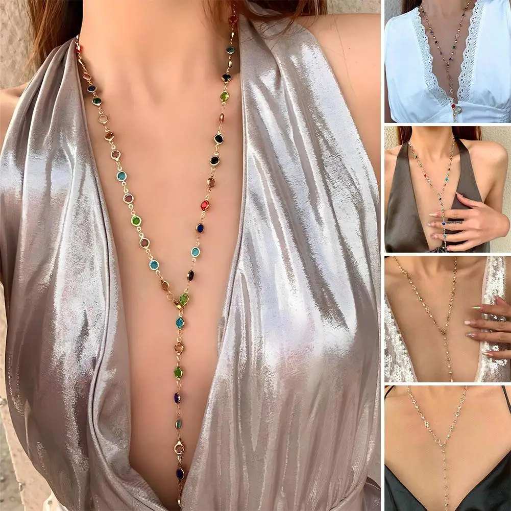 Bohemian Colorful Glass Long Y-Shaped Necklace Metal Collarbone Summer Silver Body Party Gifts Chain Gold Jewelry Color Hol T0E8