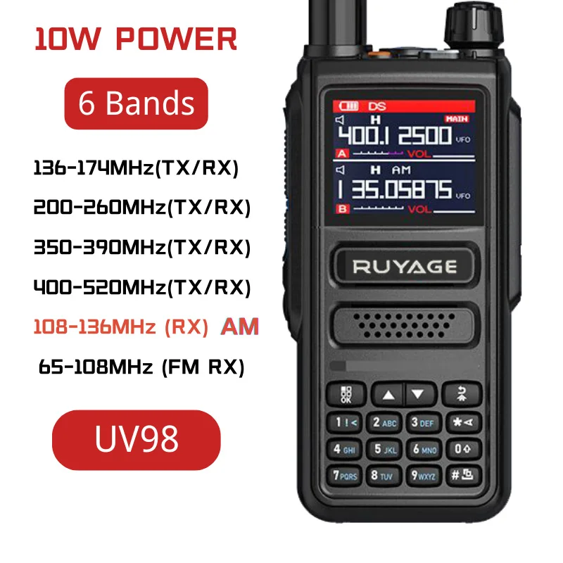 Ruyage UV98 6 Bands Amateur Ham Two Way Radio Station 256CH 10W Air Band Walkie Talkie NOAA LCD Color Police Scanner Aviation