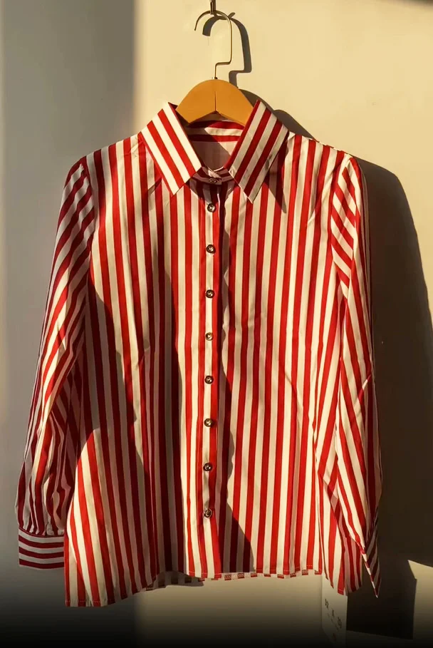 FANIECES Red Striped Women Shirt Brooch Spring Long Sleeve Lapel Polo Blouses With Belt Elegant Office Ladies Shirt Tops рубашка