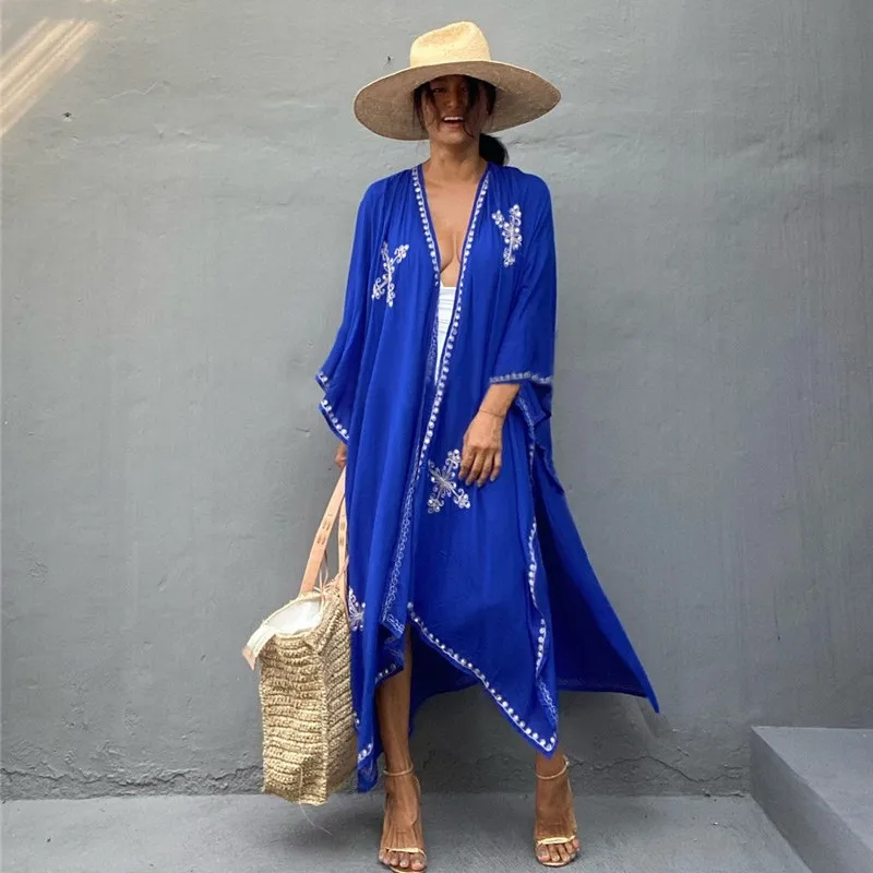 Women Cotton Embroidered Beach Cover Up Sexy Open Cardigan Loose Vacation Shawl Bikini Outerwear
