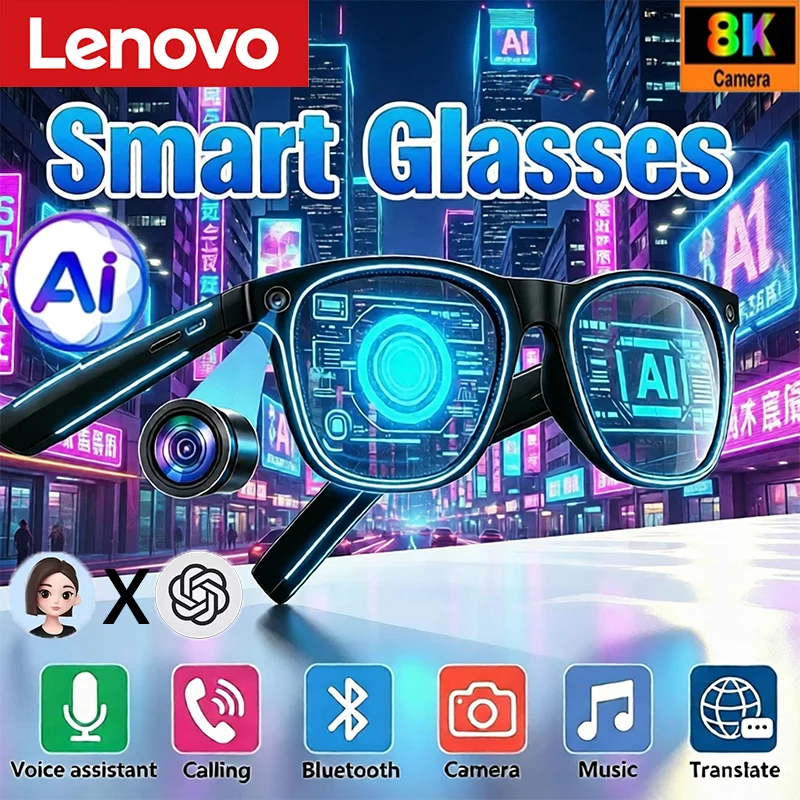 Lenovo AI Smart Glasses 8K Remote Control Touch Photo Camera Recording Voice Assistant Translator Wireless Bluetooth Sunglasses