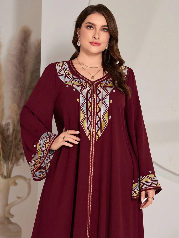 TOLEEN Women Plus Size Maxi Dresses Arab Muslim Embroidered V-neck Dress With Flared Sleeves Retro Middle Eastern Ethnic Robes