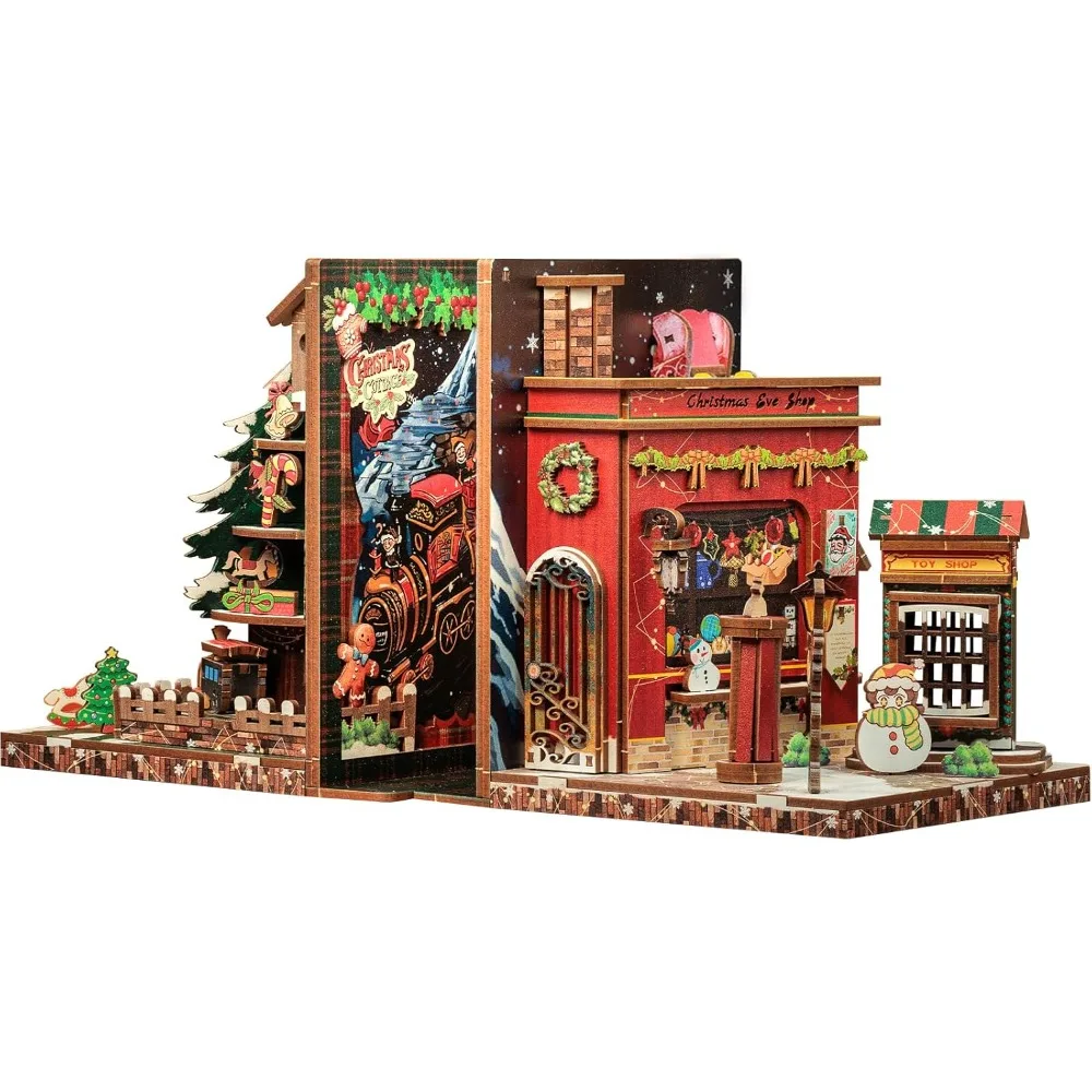 

DIY Wooden 3D Puzzle Christmas Bookend for Shelves, Decorative Miniature House Bookshelf Room Home Decor