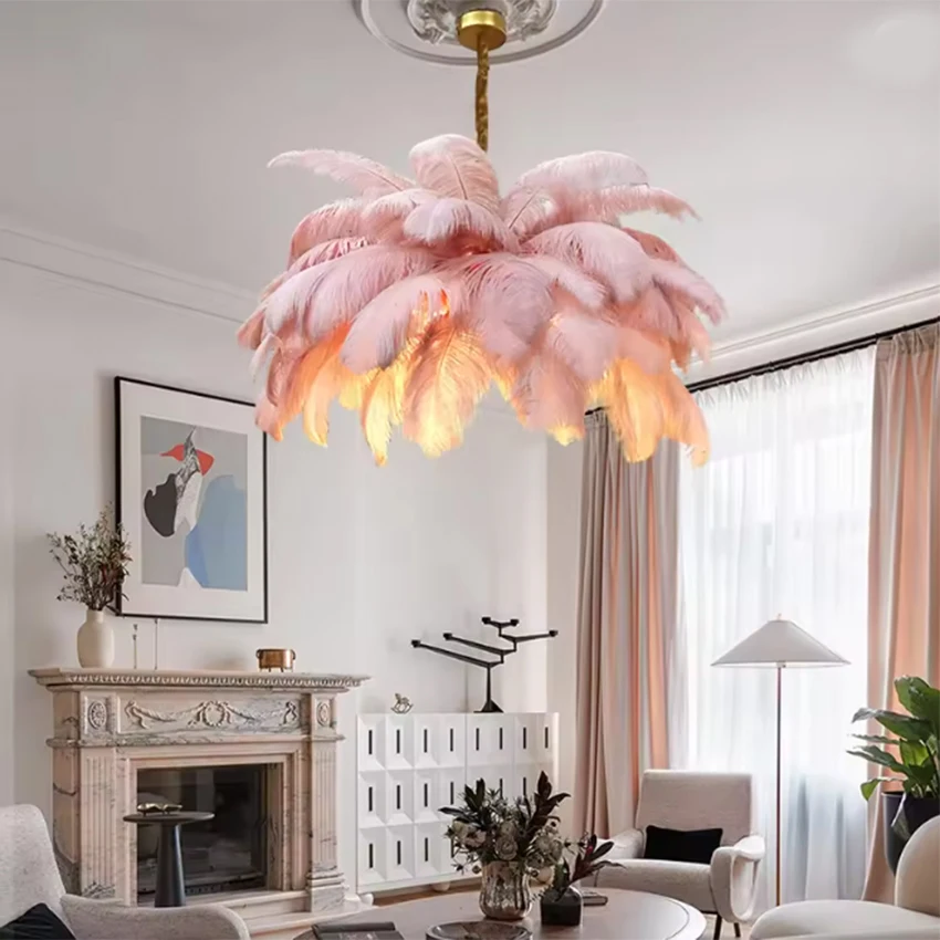 Nordic multi-color ostrich feather LED chandelier suitable for living room, living room, hotel guest room atmosphere, indoor lig