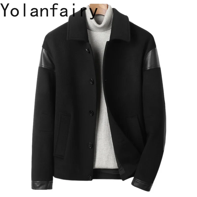 

YOLANFAIRY, новое высококачественное пальто из 95% шерсти, мужская одежда, осень 2023, короткая кашемировая мужская куртка, лоскутное мужское пальто из овчины