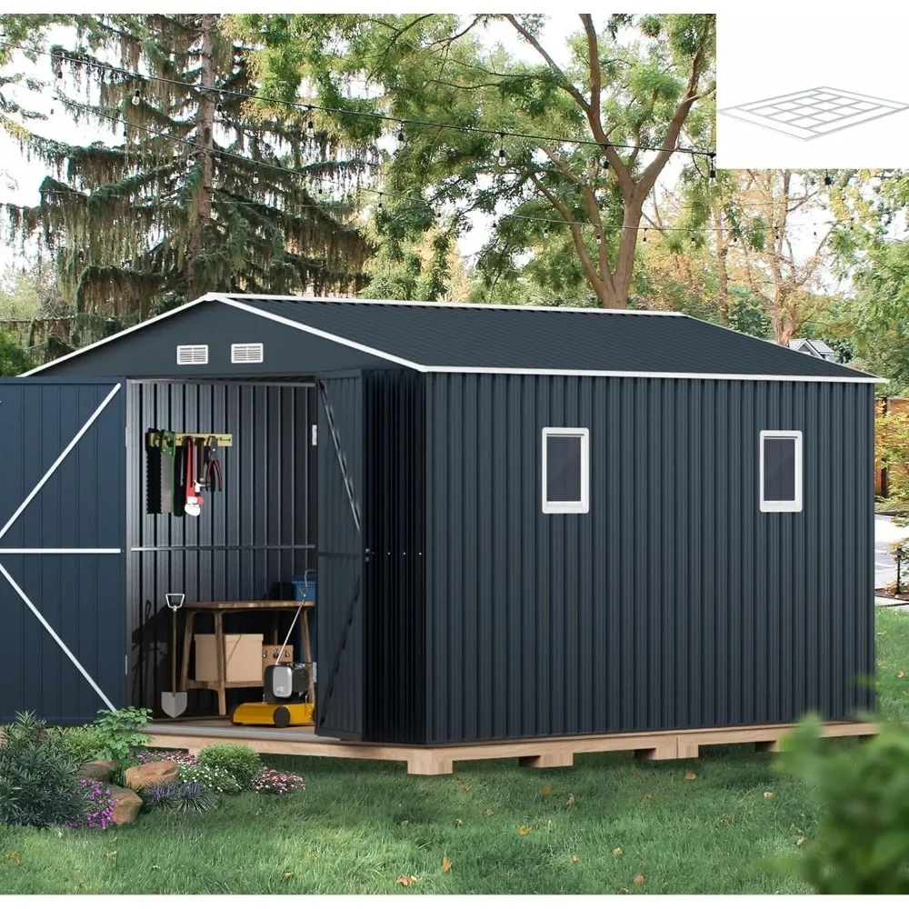 10X12X7.5 FT Outdoor Steel Storage Shed with Lockable Doors, 2 Windows, Transparent Roof Panels, Frame Floor