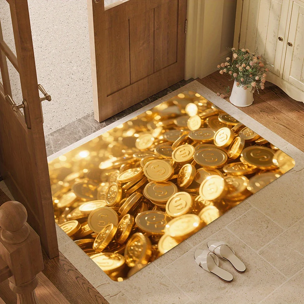 Creative Gold Coin Design Flannel-printed floor mats has a non-slip function is suitable for entrances bathroom welcome carpets
