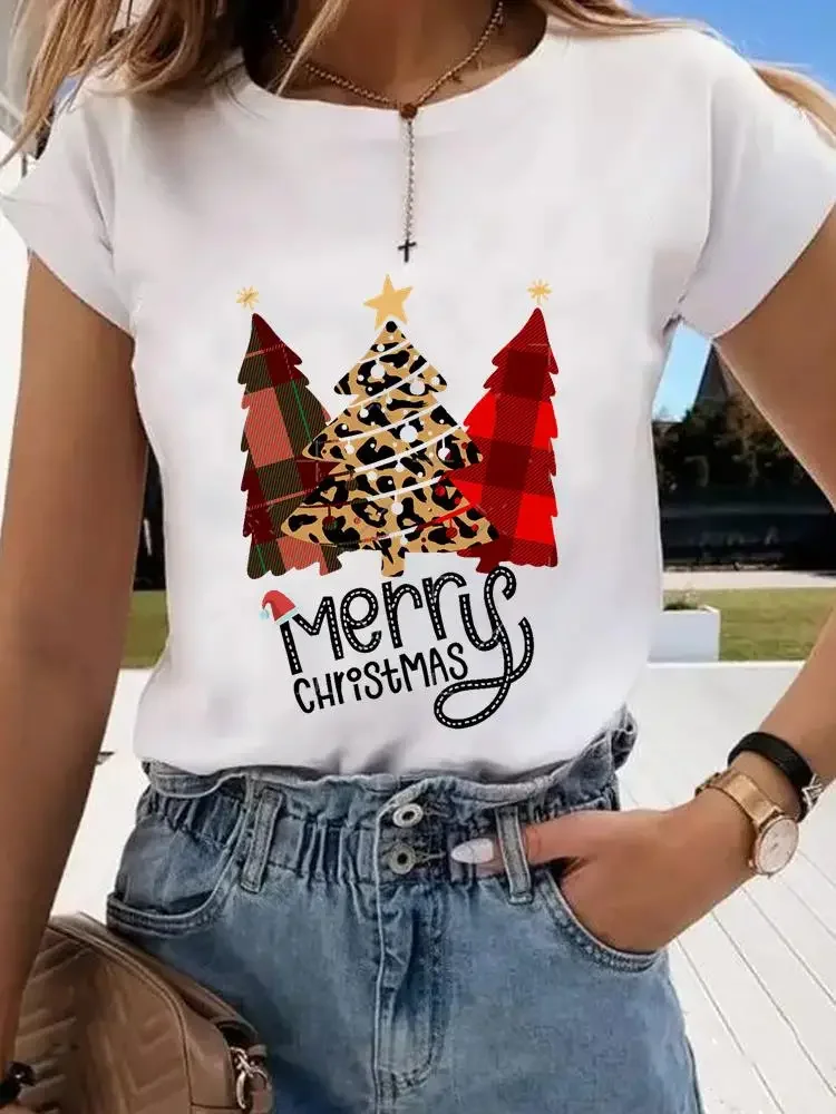 Plaid Baum niedlichen Druck Frauen T-Shirt Weihnachten Urlaub Top Mode Dame Neujahr Hemd Kleidung Kleidung Grafik T-Shirts