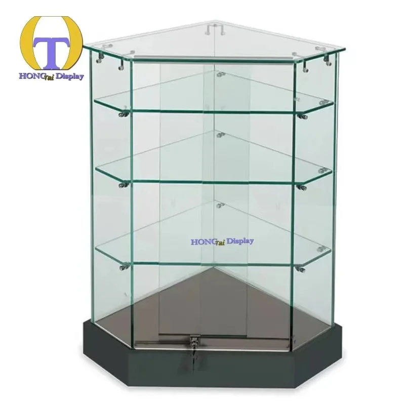 

custom.Latest Design Triangular Tempered Glass Cabinet of Black Base Smoke Shop Frameless Glass Display Corner With Lock