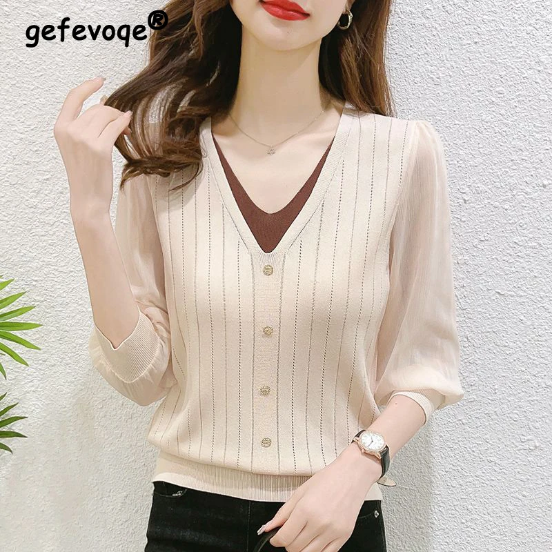 

Осенне-зимний женский пуловер с имитацией двух предметов, свитера, женский простой Модный повседневный вязаный Топ, женский свободный свитер