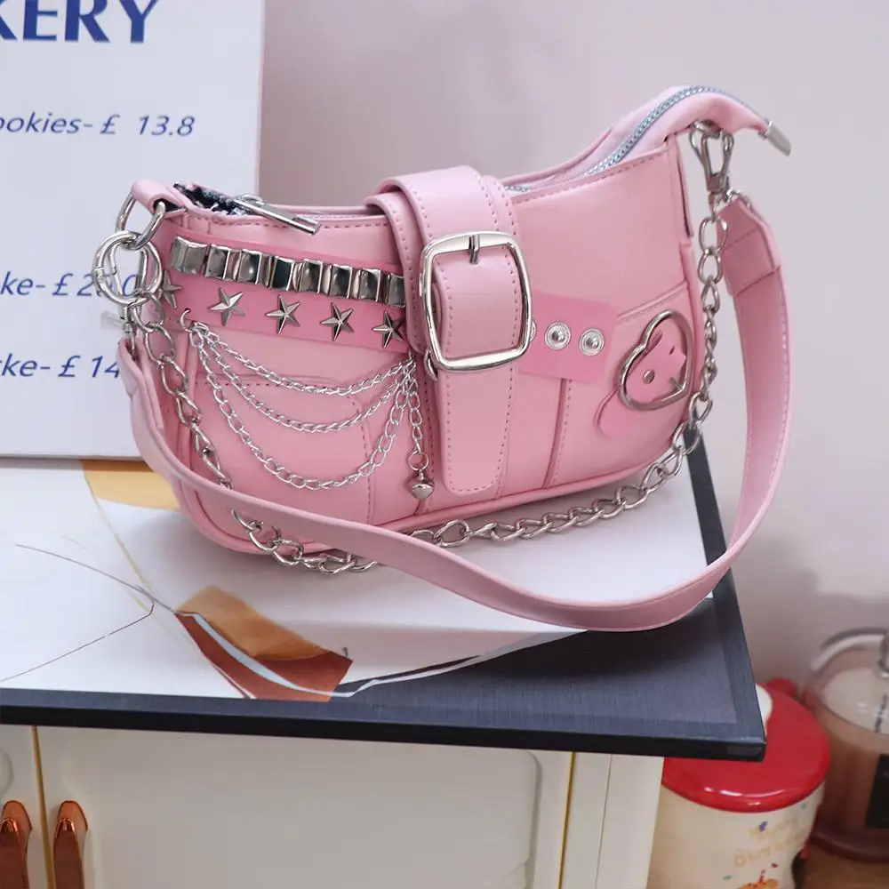 

Kawaii Punk Y2k Underarm Bag Love Heart Korean Style Shoulder Bag Metal Buckle Chain Women's Handbag Travel