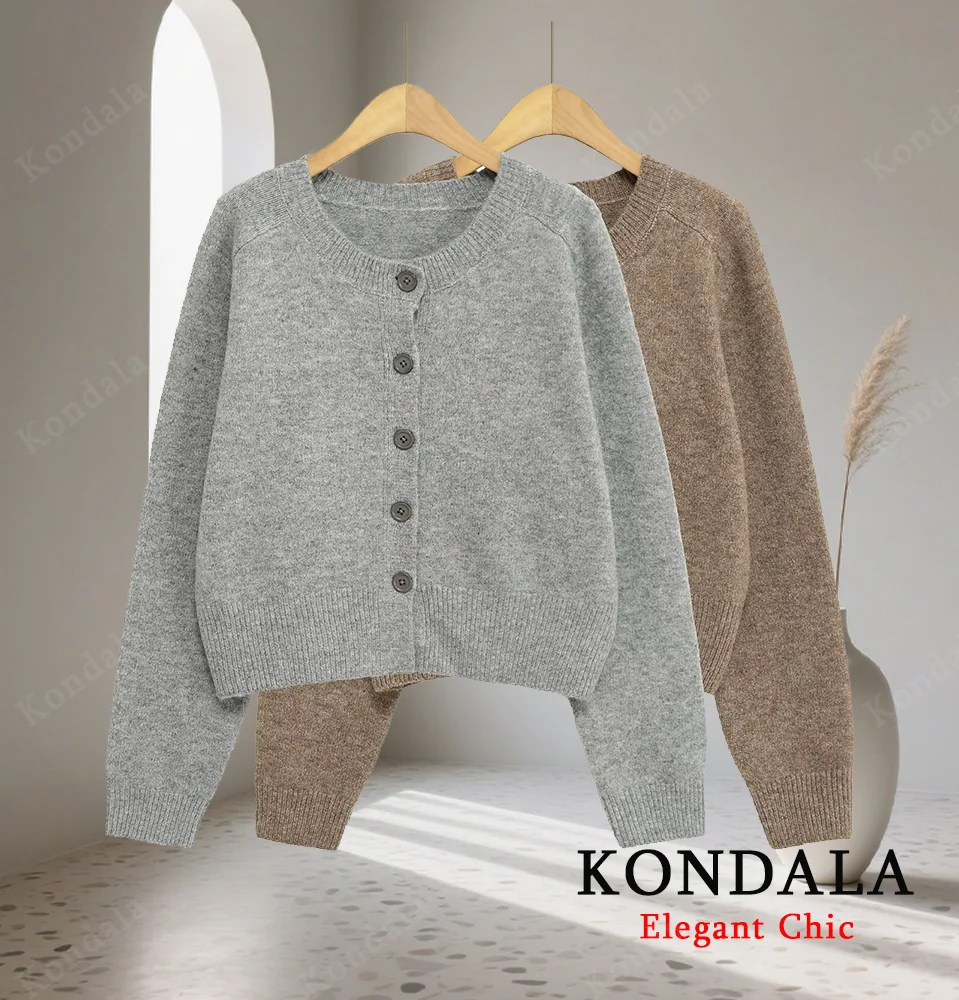 

KONDALA осенний женский элегантный повседневный кардиган на пуговицах с круглым вырезом, вязаный свитер, мода 202, весна-осень, простой универсальный женский кардиган