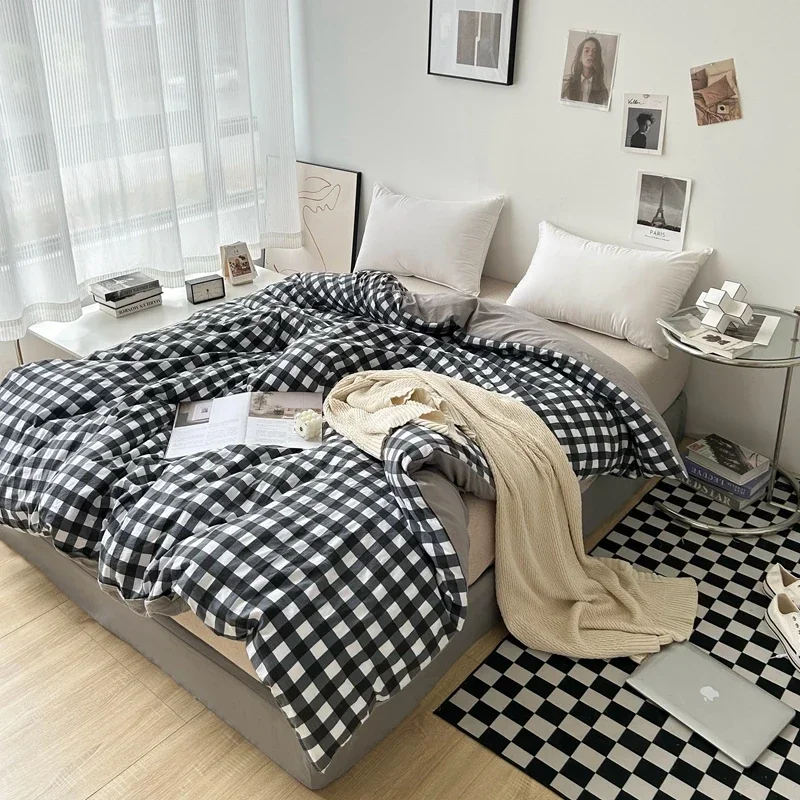 

3pcs Classic Black and White Plaid Striped Duvet Cover Set Soft Washed Cotton Quilt Cover Adult Children Bedroom Bedding Set