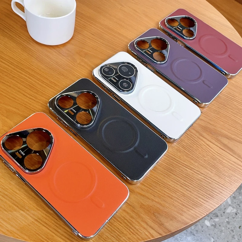Electroplating Leather Wireless Charging Magnetic Case for Huawei Pura 90 Pro Max 80 Ultra, Matte Camera Protection Phone Cover