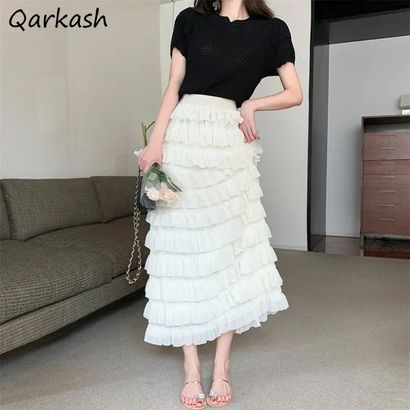 

Long Skirts Women Chiffon Patchwork Fairy Solid Designed High Street Princess Loose Midi Sweet Girl Streetwear All-match Famale