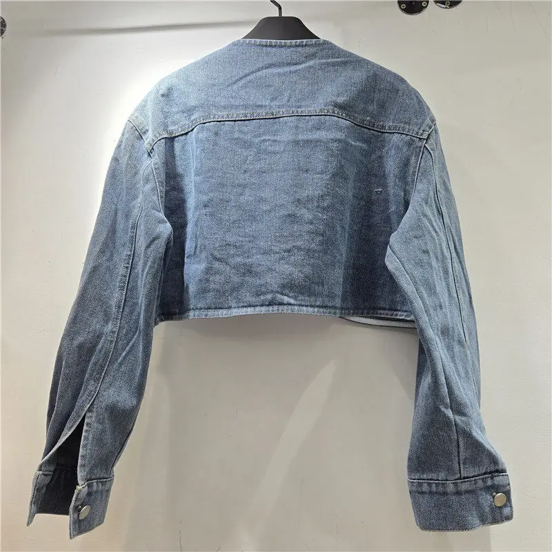 Heavy Work Diamond Mesh Flower Blue Short Denim Cardigan Jacket V-Neck Long Sleeve Spring New Women Jeans Jacket Coat Streetwear - Detail 1