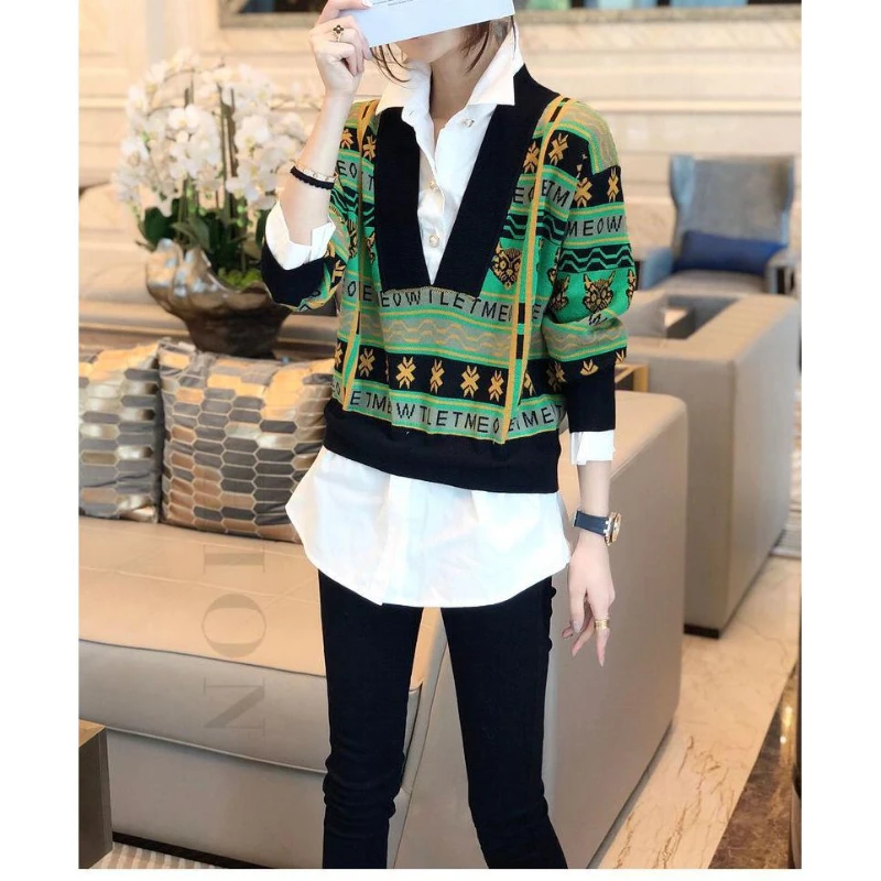 

Splicing Shirt Top, Women's Fake Two-piece Knitted Sweater Loose Korean Version Autumn and Winter 2024 New European Product