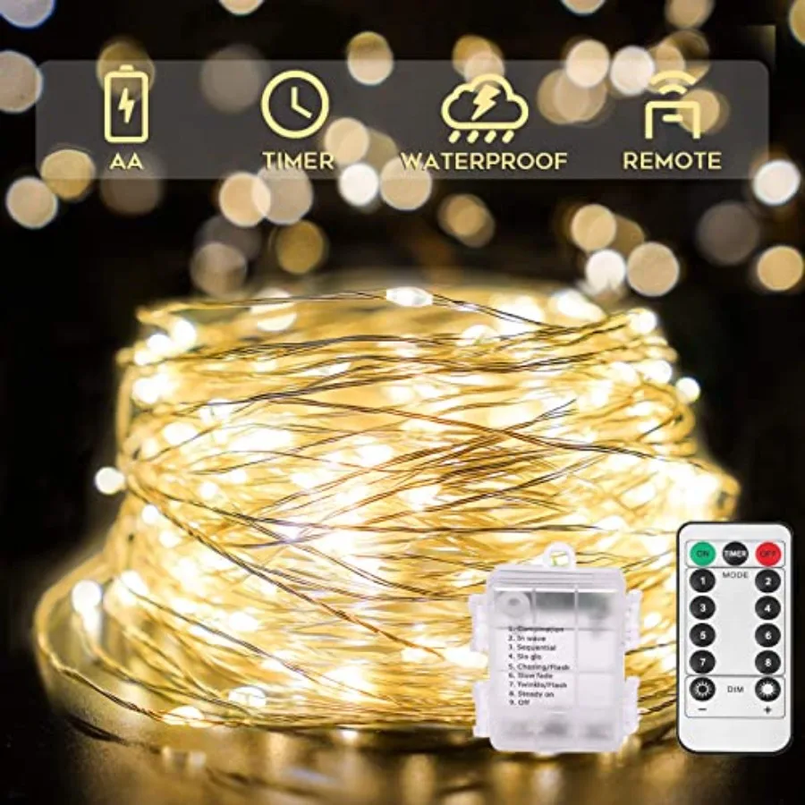 

66Feet 200 LED Outdoor String Lights, Fairy Lights Battery Operated with Remote, Twinkle Lights Battery Operated for Bedroom, D