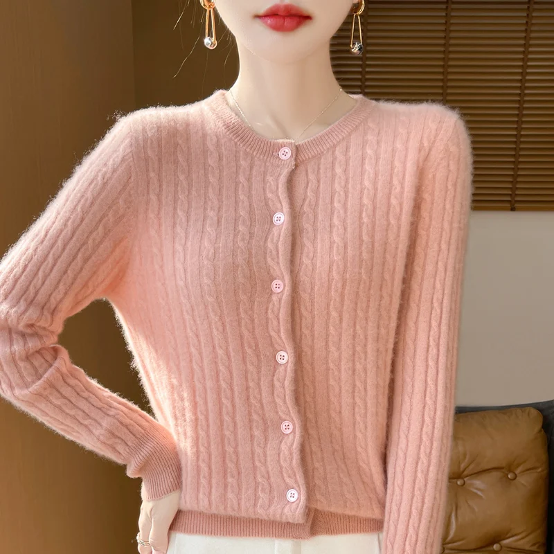 Autumn and winter 2024 new leisure knitting round neck Fried Dough Twists pure wool cardigan coat is versatile and thin