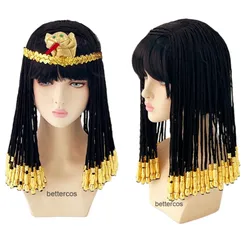Cleopatra Cosplay Wigs Egyptian Queen Black Braid Heat Resistant Synthetic Hair Halloween Party Carnival Cosplay Wig + Wig Cap