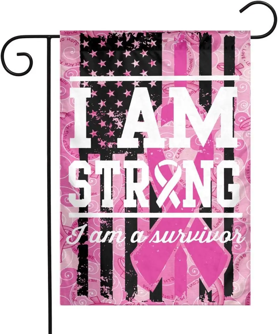 I Am Strong, I Am A Survivor House Breast Cancer Awareness Garden Flag Hope Faith Courage Garden Flag Pink Ribbon Flag Outdoor D