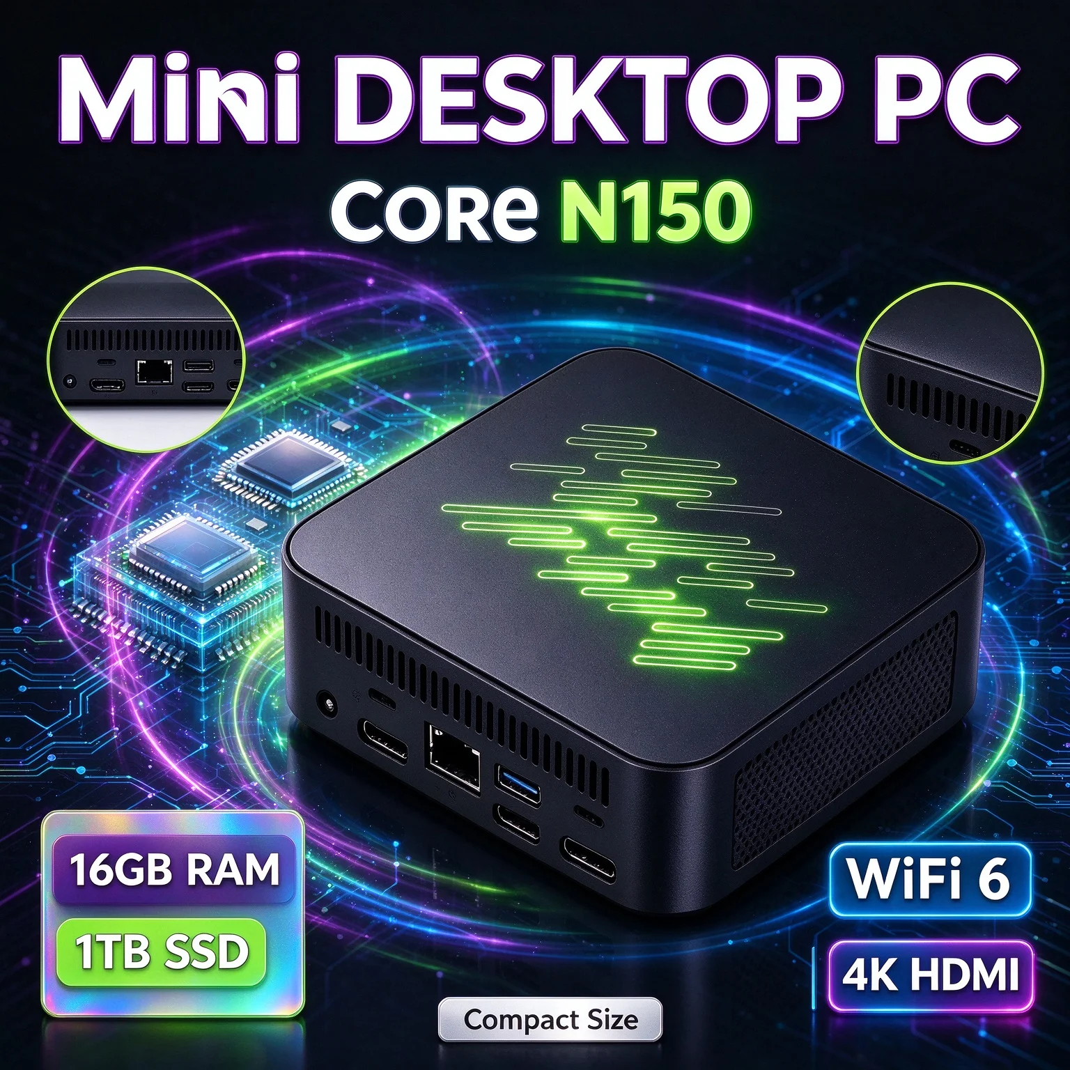 Mini PC Intel Core N150 2026 Slim, 16GB RAM, SSD NVMe de 2TB, Triplo 4K, WiFi6, Refrigeração Eficiente, Multitarefa para Casa e Escritório, Desktop Pro