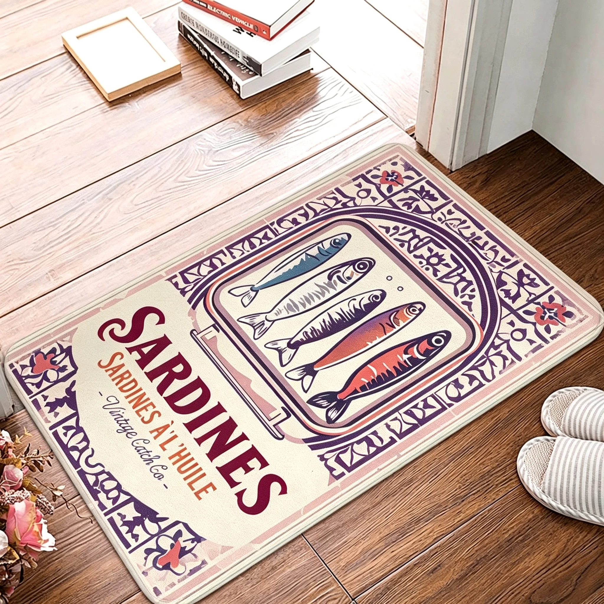 Retro Sea Fish Welcome Doormat for Front Door Floor Mat Home Decor Vintage Sardine Tin Graphic Art Print Old Fashioned Ornate