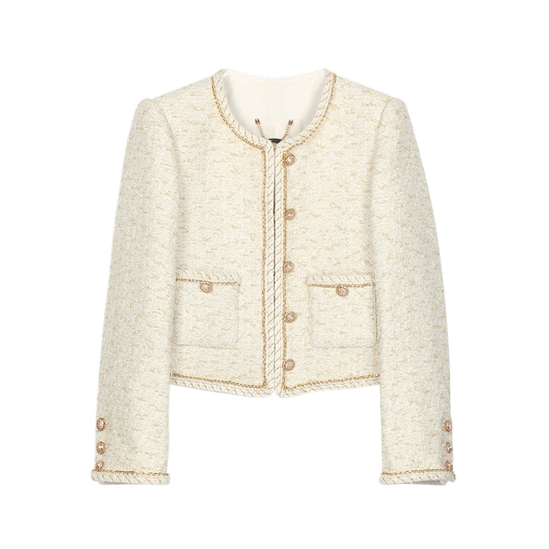 

New exquisite and elegant small fragrant style coarse woolen coat with chain webbing weaving temperament versatile top