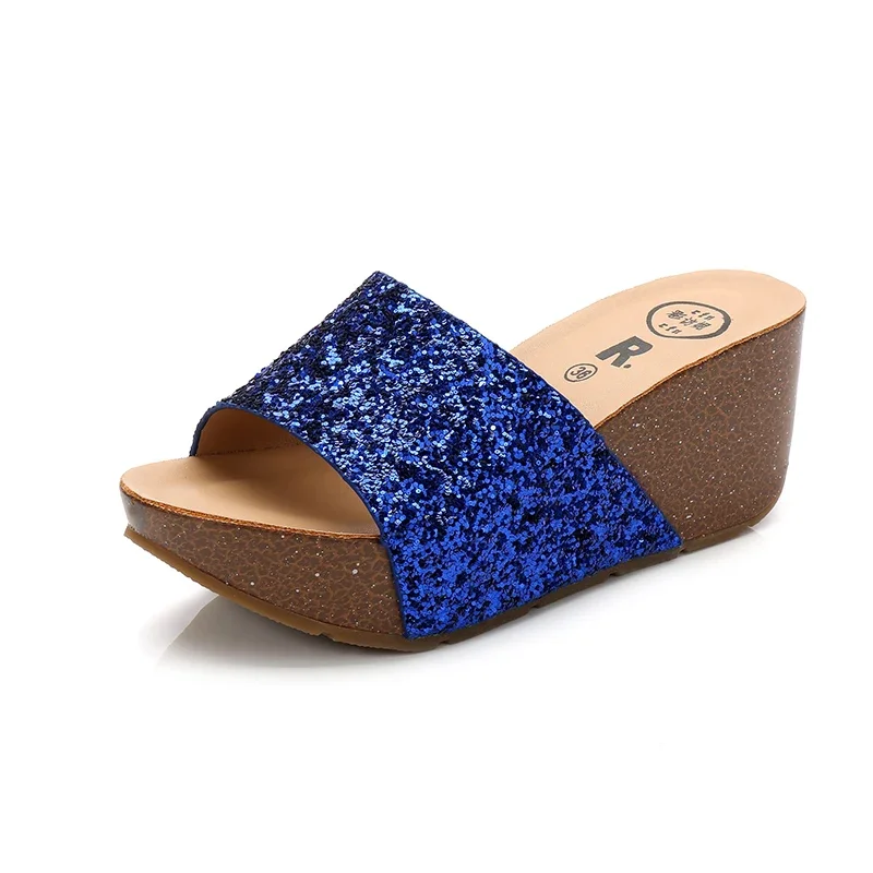 7cm High Heels, Beach Shoes Thick Bottom Platform Sandals Women Glitter Wedges Summer Sandles