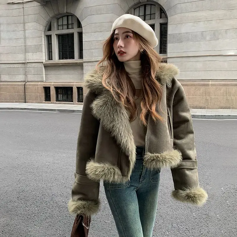 

2025 Winter Women's Cropped Suede-Finish Shearling Jacket Slim Fit Retro Biker Coat Korean Style Casual Moto Outerwear